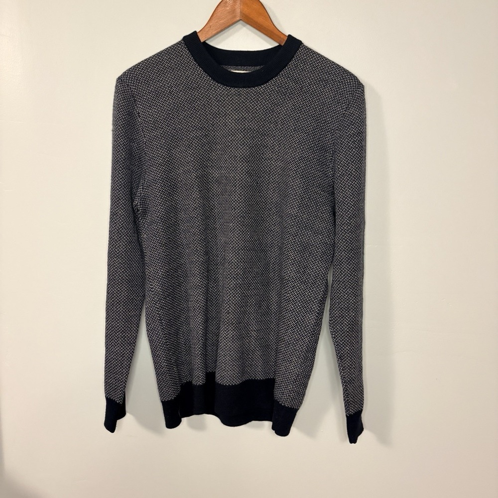 Taylor Stitch Mens 40 Merino Wool Crewneck Sweater Dark Blue Geometric Pattern